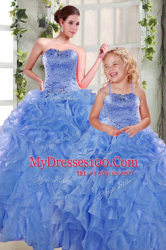 Luxury Blue Ball Gowns Organza Sweetheart Sleeveless Beading and Ruffles Floor Length Lace Up 15 Quinceanera Dress