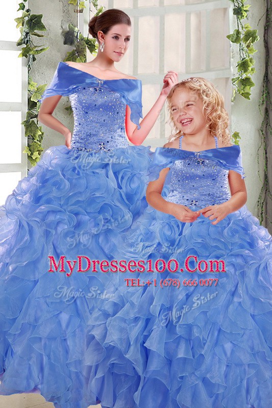Luxury Blue Ball Gowns Organza Sweetheart Sleeveless Beading and Ruffles Floor Length Lace Up 15 Quinceanera Dress