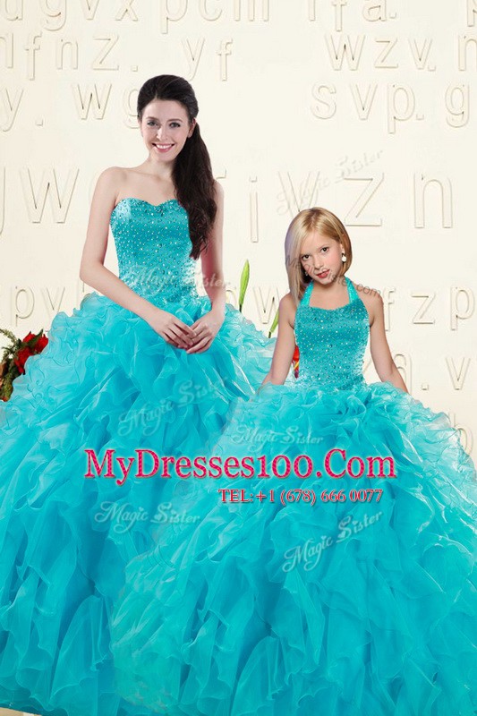 Ball Gowns 15 Quinceanera Dress Aqua Blue Sweetheart Organza Sleeveless Floor Length Lace Up