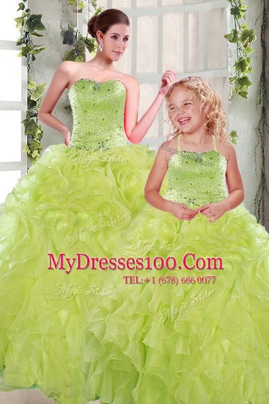 Yellow Green Quinceanera Dress Military Ball and Sweet 16 and Quinceanera and For with Beading and Ruffles Strapless Sleeveless Lace Up