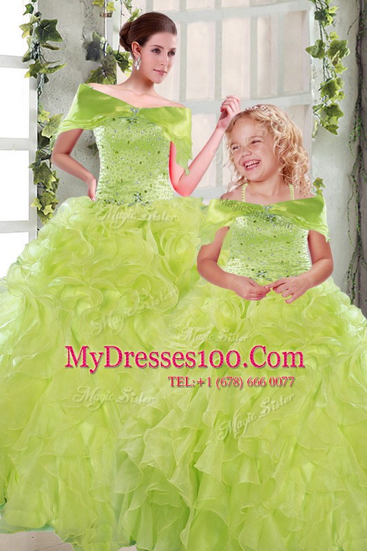 Yellow Green Quinceanera Dress Military Ball and Sweet 16 and Quinceanera and For with Beading and Ruffles Strapless Sleeveless Lace Up