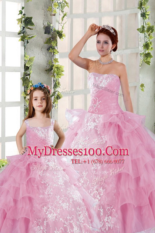 Sexy Ruffled Rose Pink Sleeveless Organza Lace Up Quinceanera Gown for Military Ball and Sweet 16 and Quinceanera