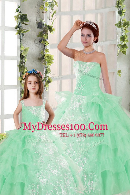 Ruffled Floor Length Apple Green Ball Gown Prom Dress Strapless Sleeveless Lace Up