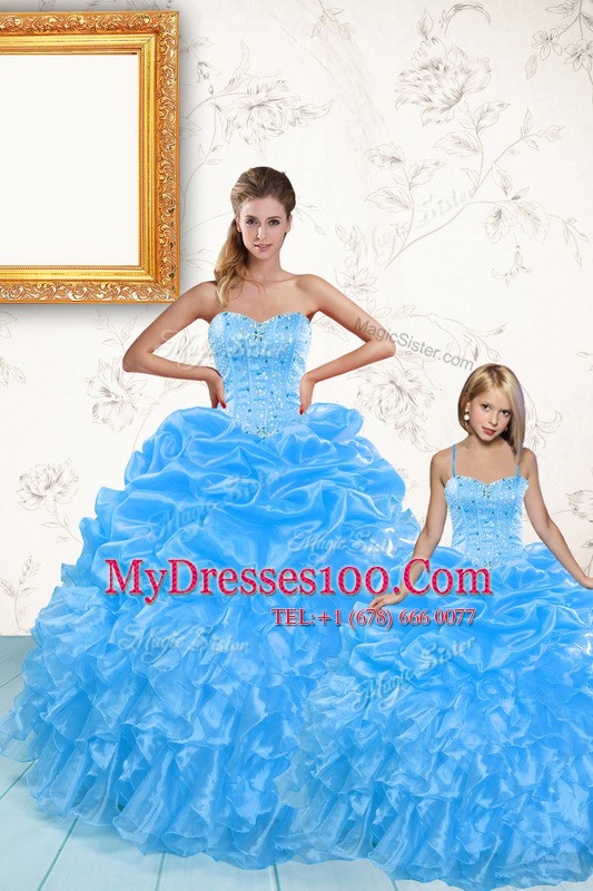 Fitting Organza Sweetheart Sleeveless Lace Up Beading and Ruffles and Pick Ups Quince Ball Gowns in Baby Blue