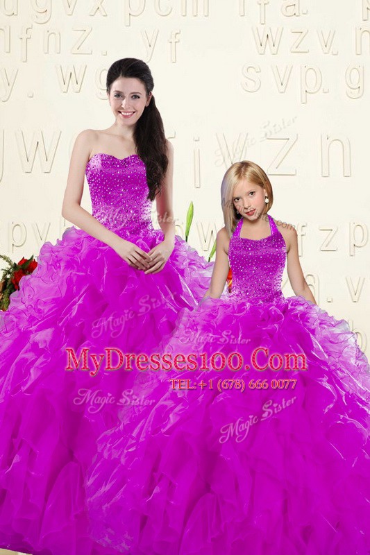 Smart Purple Ball Gowns Organza Sweetheart Sleeveless Beading and Ruffles Floor Length Lace Up Quinceanera Gown