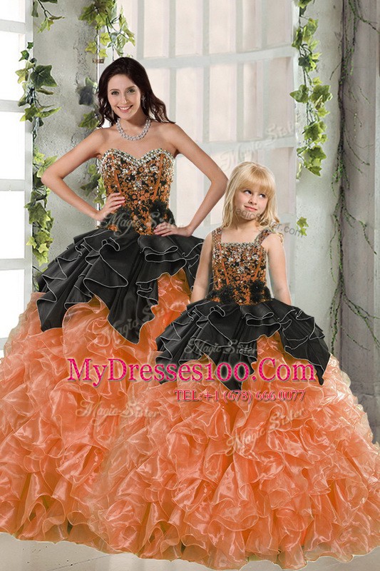 Best Orange Red Lace Up 15th Birthday Dress Beading and Ruffles Sleeveless Floor Length