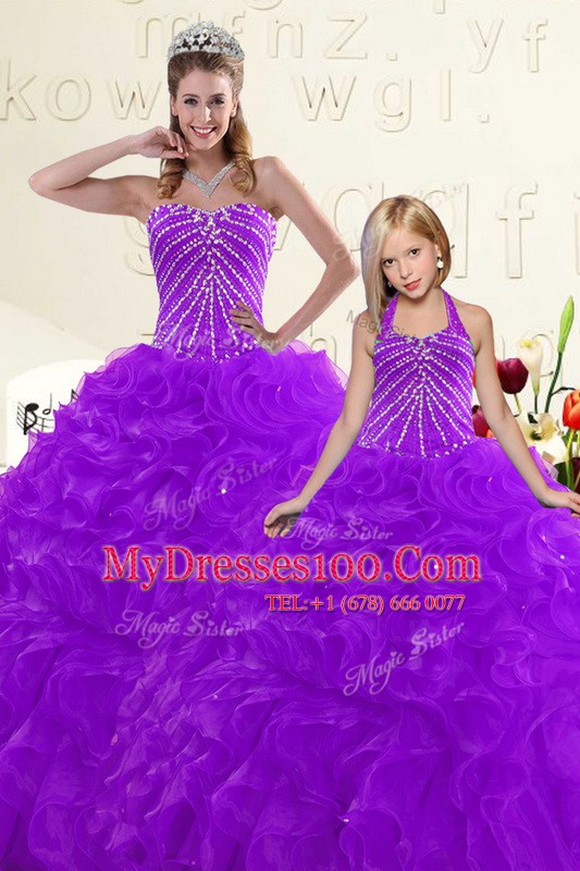 Sweetheart Sleeveless Quinceanera Dress Floor Length Beading and Ruffles Purple Organza
