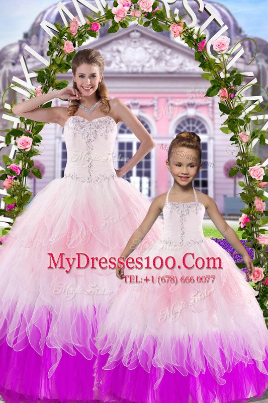 Sleeveless Tulle Floor Length Lace Up Sweet 16 Dresses in Multi-color with Beading