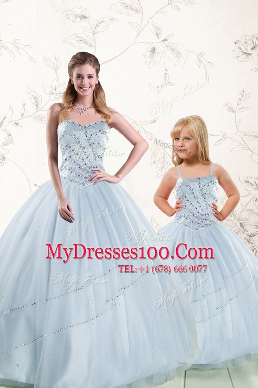 Inexpensive Sweetheart Sleeveless Lace Up 15th Birthday Dress Baby Blue Tulle