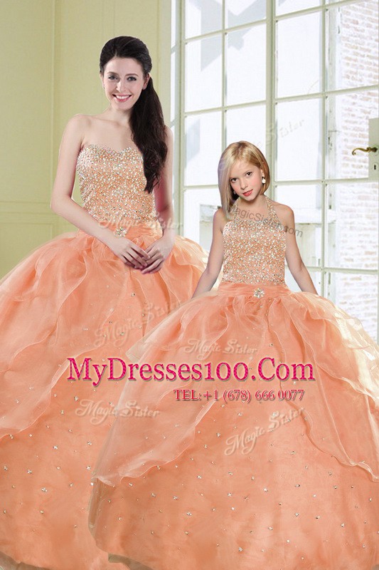 Fantastic Orange Organza Lace Up Sweetheart Sleeveless Floor Length 15th Birthday Dress Beading and Sequins