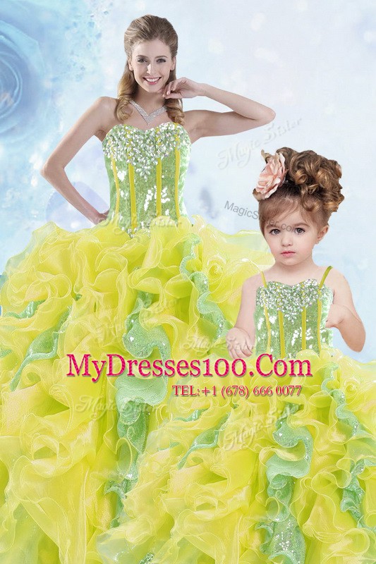 Clearance Sleeveless Beading and Ruffles and Sequins Lace Up Quinceanera Dresses