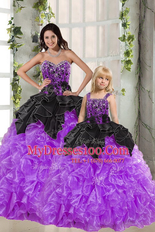 Charming Black And Purple Organza Lace Up Sweetheart Sleeveless Floor Length Quinceanera Gown Beading and Ruffles