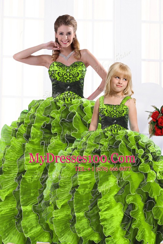Dynamic Olive Green Organza Lace Up Sweetheart Sleeveless Floor Length Sweet 16 Quinceanera Dress Beading and Appliques and Ruffles