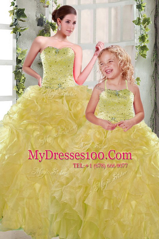 Fantastic Strapless Sleeveless Quinceanera Dresses Floor Length Beading and Ruffles Yellow Organza