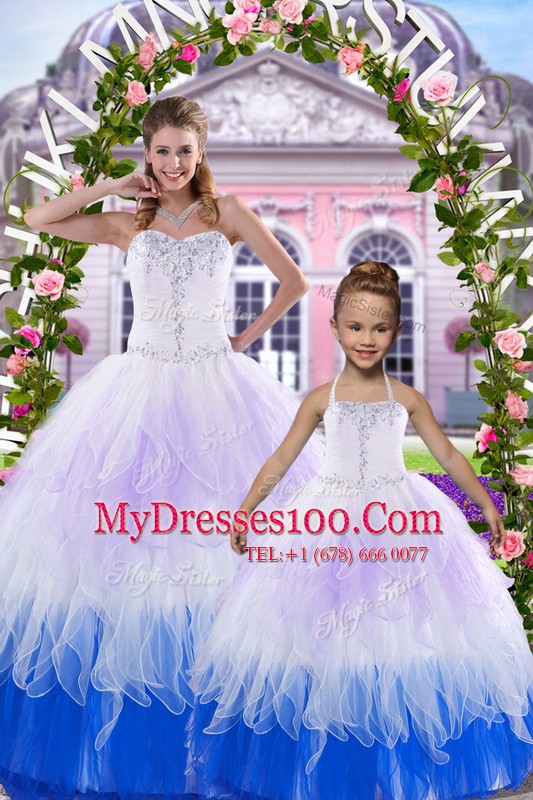 Latest Multi-color Ball Gowns Sweetheart Sleeveless Tulle Floor Length Lace Up Beading Quinceanera Dresses