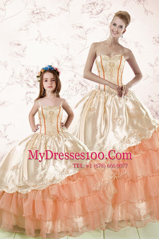 Glamorous Embroidery and Ruffled Layers Sweet 16 Quinceanera Dress Peach Lace Up Sleeveless Floor Length