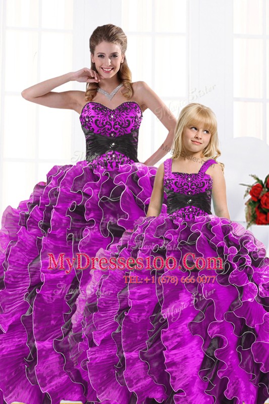 Stunning Beading and Appliques and Ruffles Quinceanera Dress Fuchsia Lace Up Sleeveless Floor Length