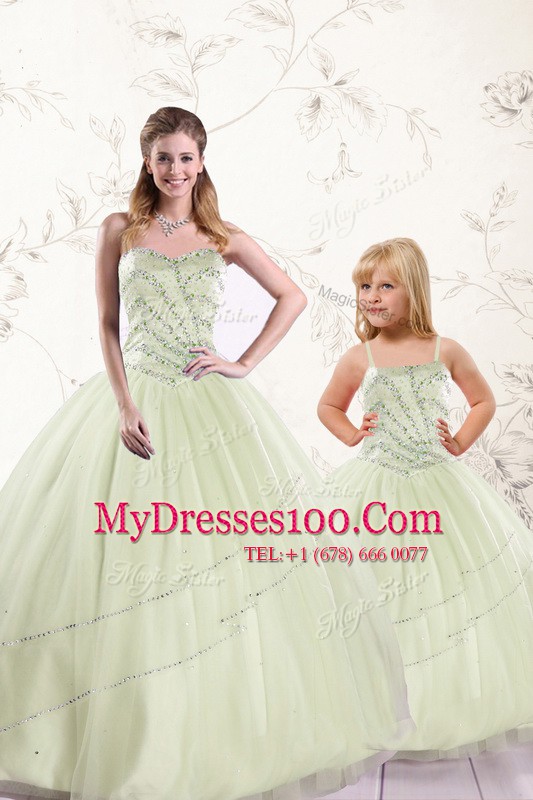 Modern Yellow Green Tulle Lace Up Sweetheart Sleeveless Floor Length Sweet 16 Dress Beading