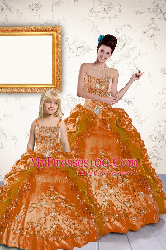 Gorgeous Strapless Sleeveless Quince Ball Gowns Floor Length Beading and Embroidery and Pick Ups Orange Taffeta