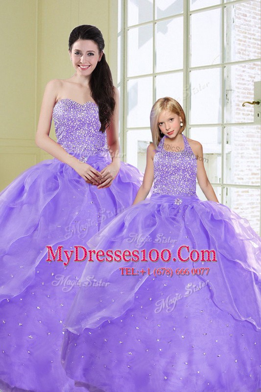 Exquisite Lavender Lace Up Sweetheart Beading Vestidos de Quinceanera Organza Sleeveless