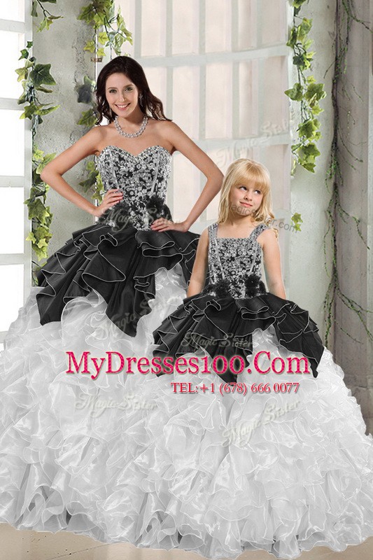 Enchanting Sleeveless Organza Floor Length Lace Up Quinceanera Dresses in White and Black with Beading and Ruffles