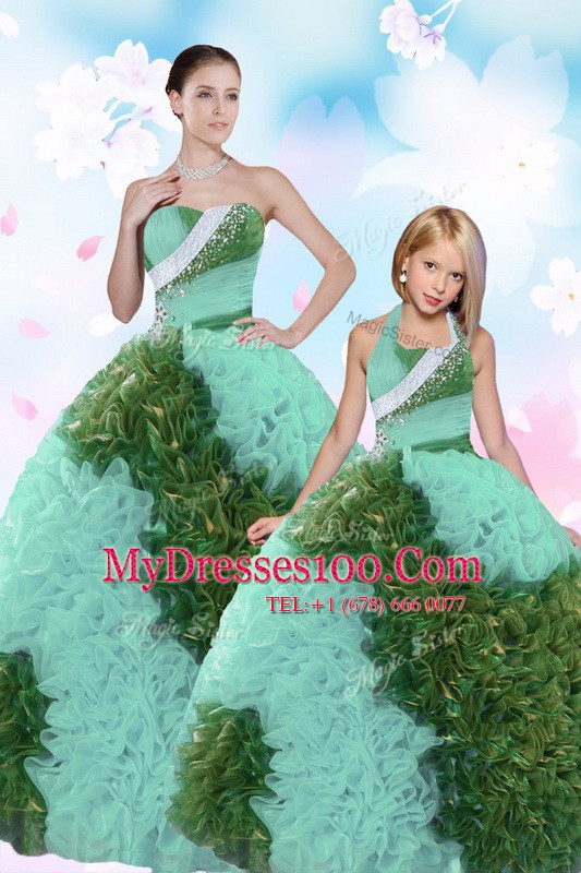 Sequins Floor Length Ball Gowns Sleeveless Turquoise Quinceanera Gowns Lace Up