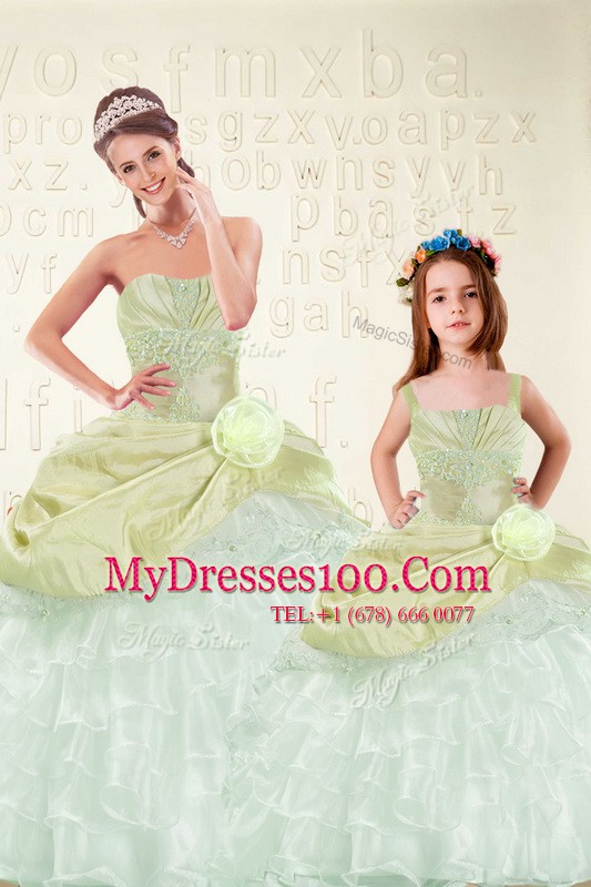 Trendy Yellow Green Sweetheart Neckline Beading and Ruffled Layers and Hand Made Flower Quinceanera Dresses Sleeveless Lace Up