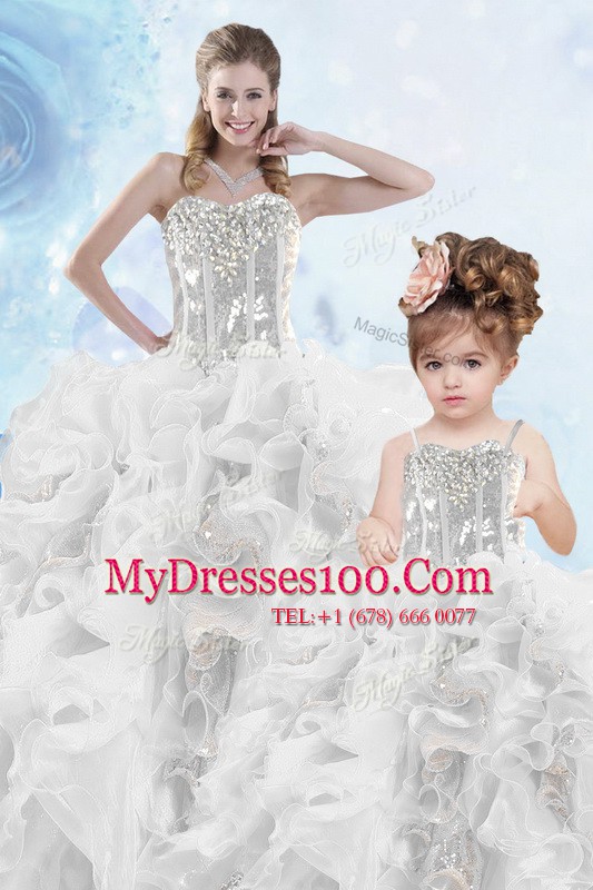 Noble Silver Ball Gowns Sweetheart Sleeveless Organza Floor Length Lace Up Beading and Ruffles and Sequins Quinceanera Dress
