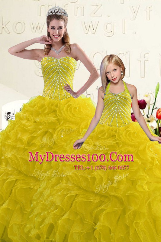 Sleeveless Organza Floor Length Lace Up 15 Quinceanera Dress in Gold with Beading and Ruffles