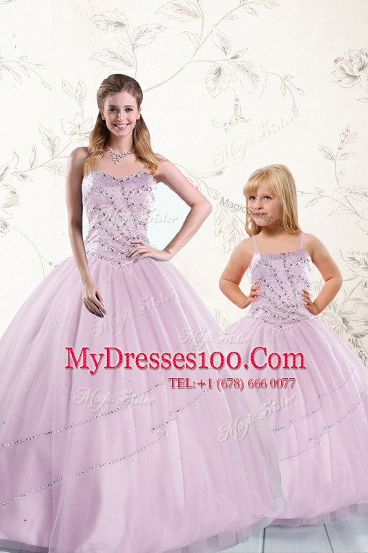 Affordable Lilac Ball Gowns Tulle Sweetheart Sleeveless Beading Floor Length Lace Up Vestidos de Quinceanera