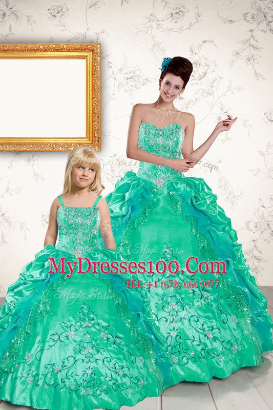 Popular Sleeveless Taffeta Floor Length Lace Up Sweet 16 Dress in Turquoise with Beading and Embroidery and Pick Ups