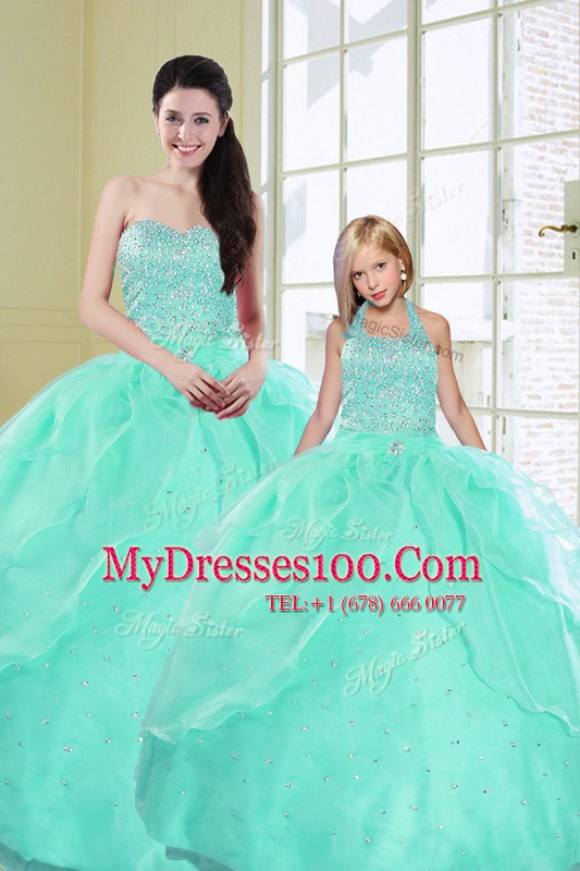 Floor Length Turquoise Quince Ball Gowns Organza Sleeveless Beading and Sequins