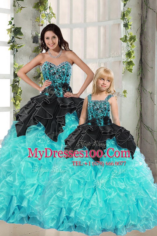 Best Turquoise Organza Lace Up Quinceanera Dresses Sleeveless Floor Length Beading and Ruffles