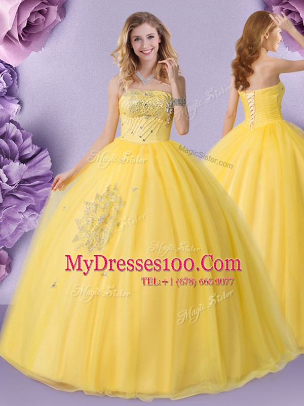 Trendy Sleeveless Floor Length Beading Lace Up Quinceanera Gown with Gold