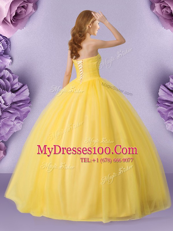 Trendy Sleeveless Floor Length Beading Lace Up Quinceanera Gown with Gold