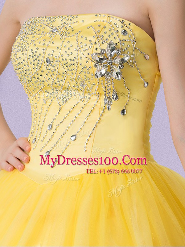 Trendy Sleeveless Floor Length Beading Lace Up Quinceanera Gown with Gold