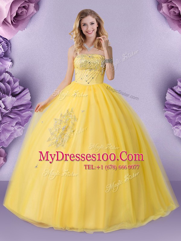 Trendy Sleeveless Floor Length Beading Lace Up Quinceanera Gown with Gold