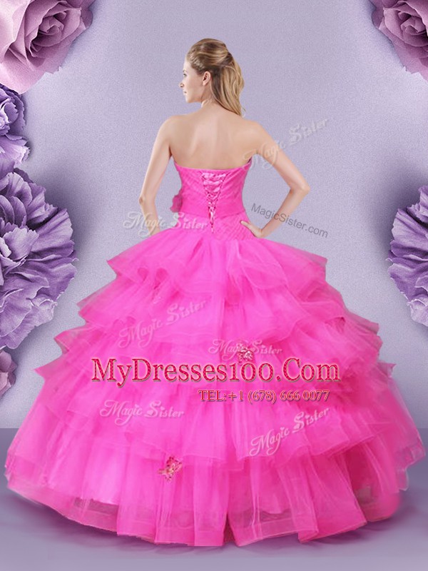 Delicate Hot Pink Tulle Lace Up Sweetheart Sleeveless Floor Length Quinceanera Gowns Appliques and Ruffled Layers and Hand Made Flower