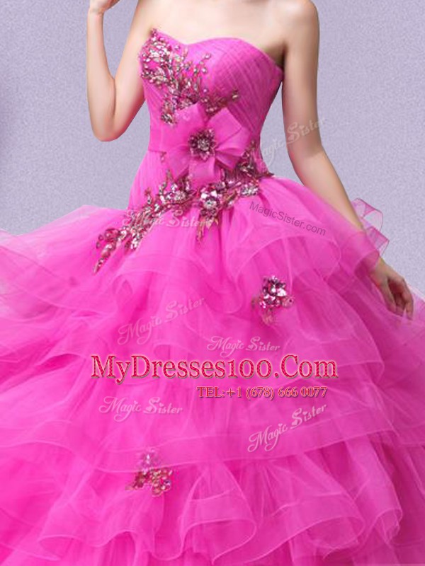 Delicate Hot Pink Tulle Lace Up Sweetheart Sleeveless Floor Length Quinceanera Gowns Appliques and Ruffled Layers and Hand Made Flower