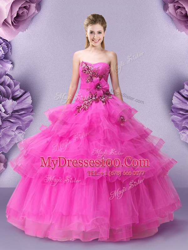 Delicate Hot Pink Tulle Lace Up Sweetheart Sleeveless Floor Length Quinceanera Gowns Appliques and Ruffled Layers and Hand Made Flower