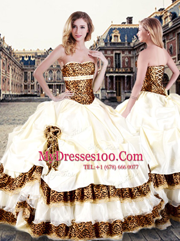 Floor Length Lace Up Ball Gown Prom Dress Champagne for Military Ball and Sweet 16 and Quinceanera with Pick Ups and Hand Made Flower
