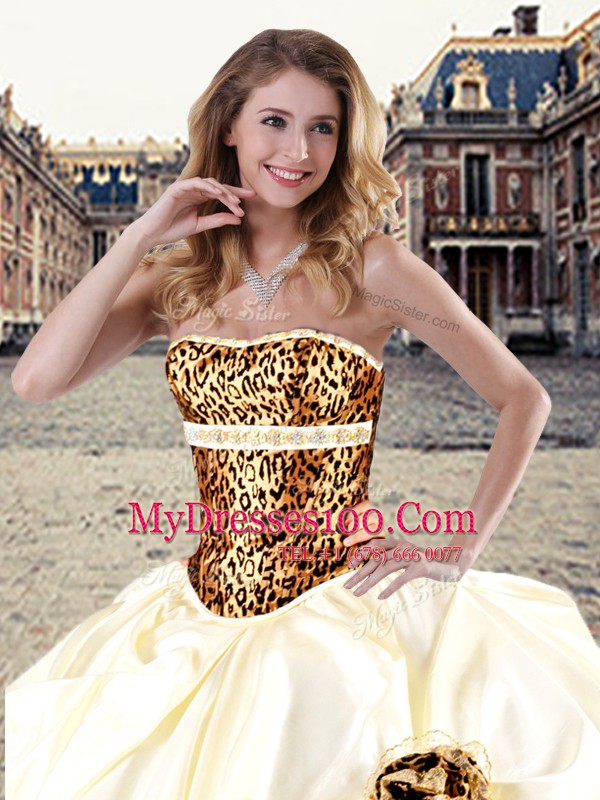 Floor Length Lace Up Ball Gown Prom Dress Champagne for Military Ball and Sweet 16 and Quinceanera with Pick Ups and Hand Made Flower