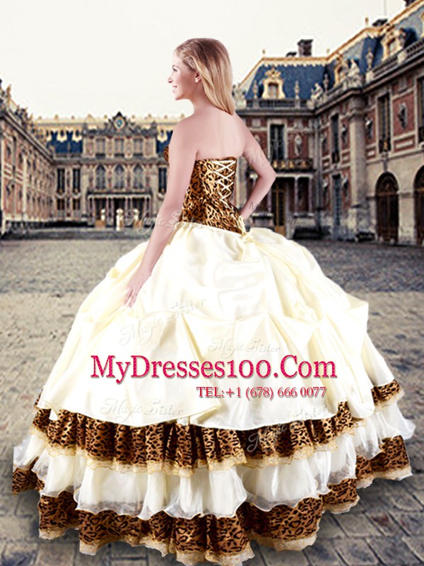 Floor Length Lace Up Ball Gown Prom Dress Champagne for Military Ball and Sweet 16 and Quinceanera with Pick Ups and Hand Made Flower