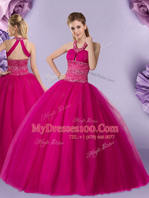 Pretty Halter Top Sleeveless Lace Up Floor Length Beading Quinceanera Dress