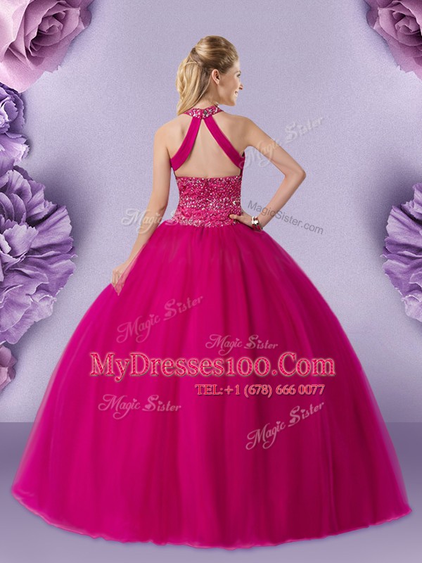 Pretty Halter Top Sleeveless Lace Up Floor Length Beading Quinceanera Dress