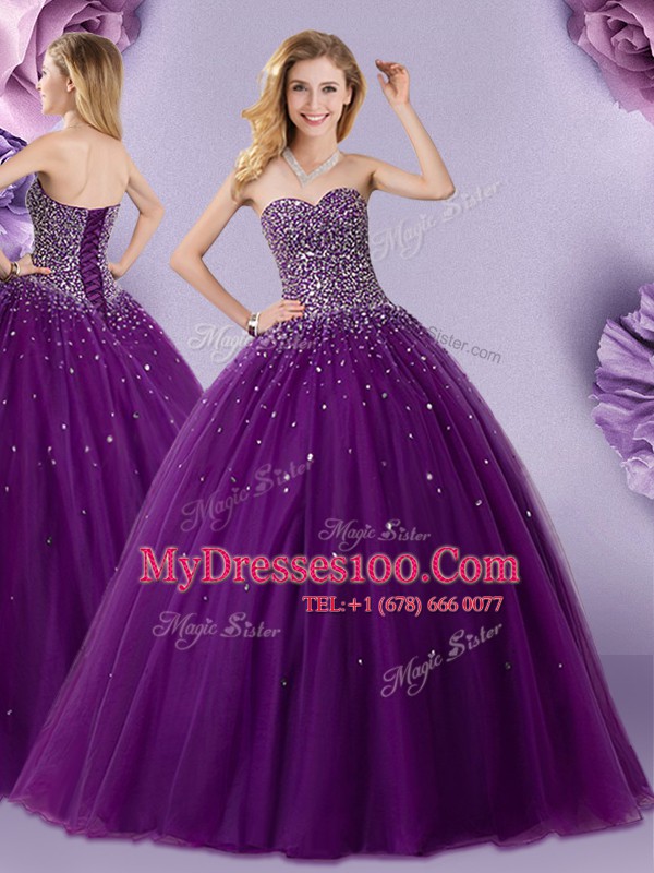 Floor Length Dark Purple 15th Birthday Dress Sweetheart Sleeveless Lace Up