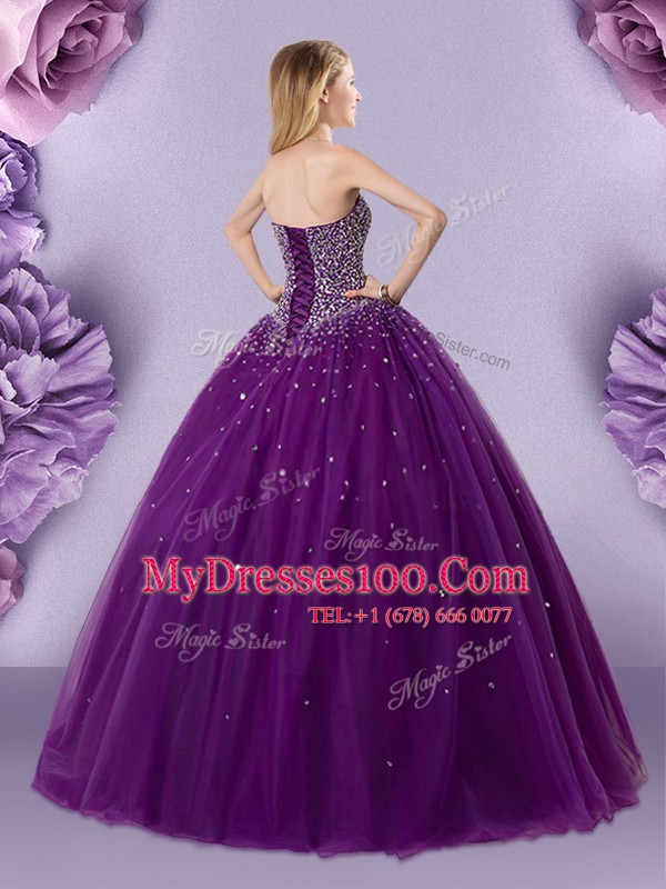 Floor Length Dark Purple 15th Birthday Dress Sweetheart Sleeveless Lace Up