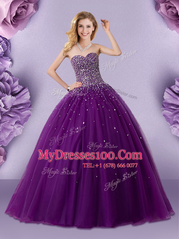 Floor Length Dark Purple 15th Birthday Dress Sweetheart Sleeveless Lace Up
