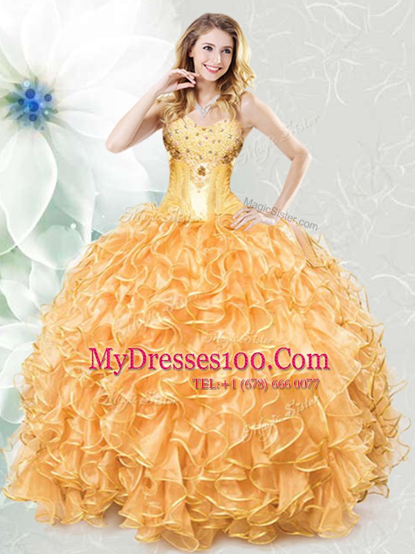 High Quality Gold Organza Lace Up Sweet 16 Quinceanera Dress Sleeveless Floor Length Beading and Ruffles