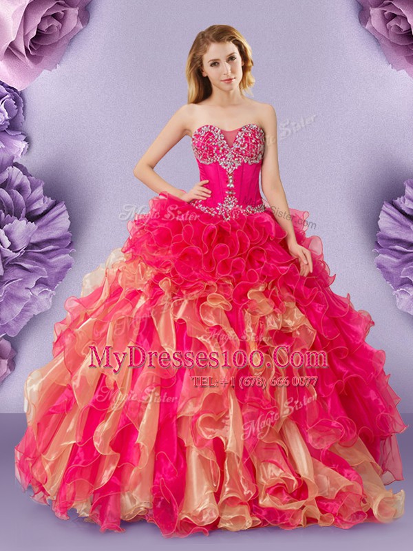 Organza Sleeveless Floor Length Vestidos de Quinceanera and Beading and Ruffles